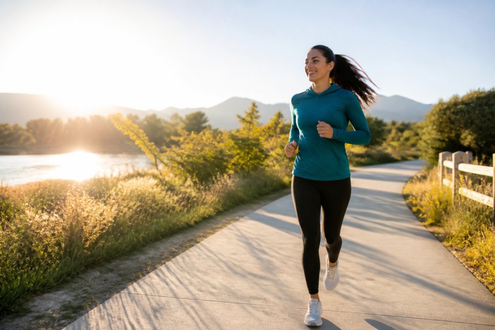 Active adult exercising outdoors during morning run with natural sunlight, representing sustainable lifestyle habits for long-term weight maintenance