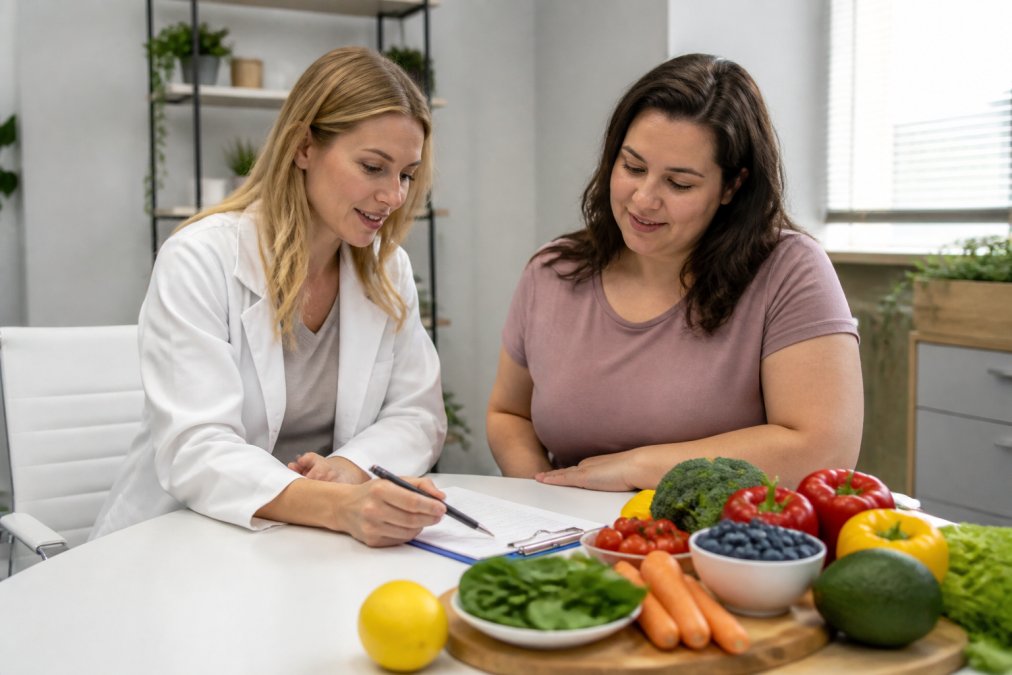 Registered dietitian nutritionist reviewing meal plan with patient at modern wellness clinic, both examining colorful healthy foods on table, warm clinic lighting