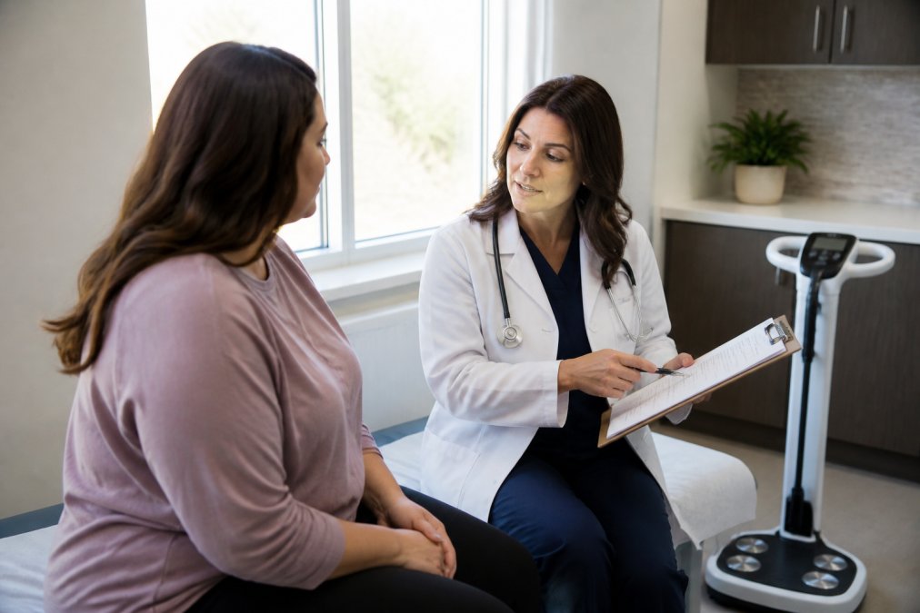 Healthcare professional reviewing medical history and body composition analysis with patient in clinical consultation room with modern equipment and natural lighting