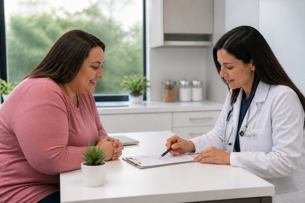 Patient attending weekly check-in appointment with physician monitoring progress and reviewing health metrics on clinical chart in modern medical office