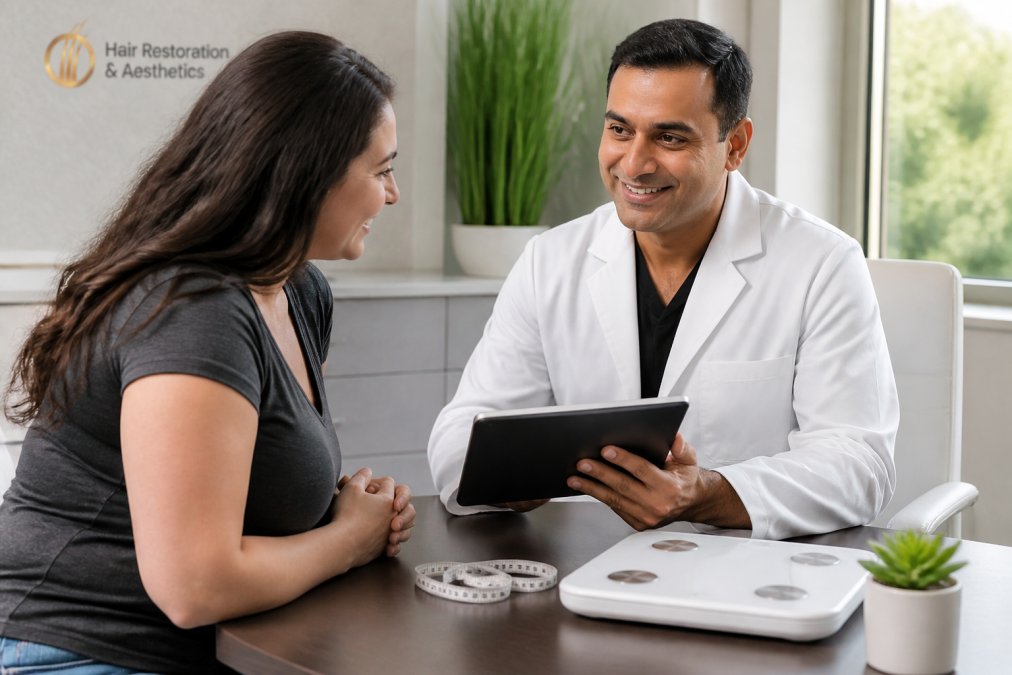 Healthcare provider in white coat reviewing patient health markers and weight management progress on a tablet during clinical consultation in modern medical office with natural lighting