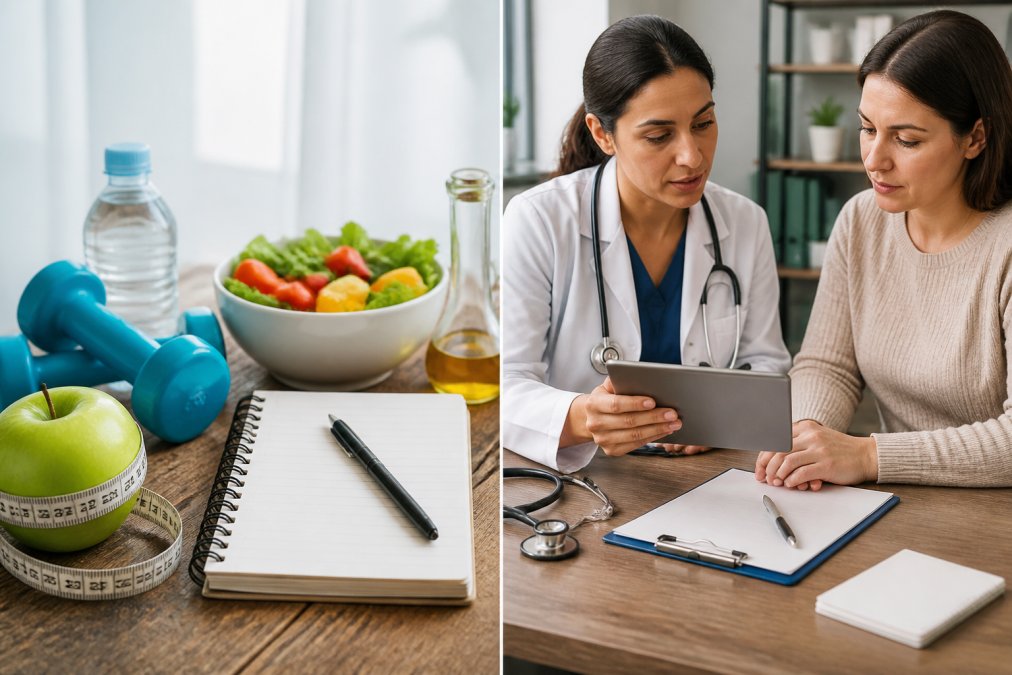 A physician in a white coat reviewing a patient's chart with a patient in a bright, modern clinic exam room, both looking at a tablet with health data