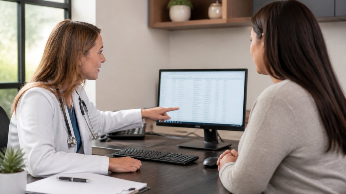 Board-certified physician consulting with patient during medical weight loss appointment, reviewing health history and lab results on computer in modern clinic with soft lighting