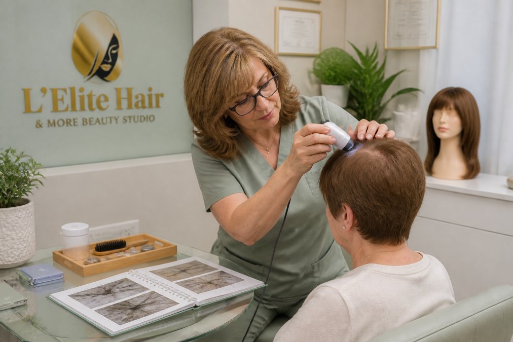 Trichologist using a microscopy camera for a scalp analysis during a medical wig fitting in a calm salon.