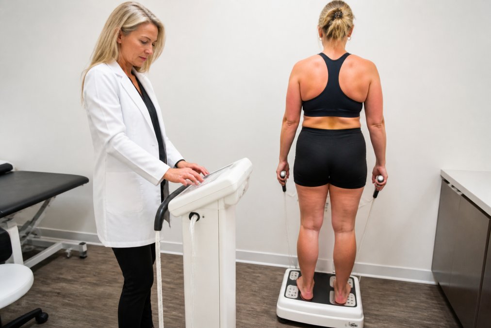 A medical professional operating body composition analysis equipment while a patient stands on a measurement platform in a bright, clinical setting with white walls and professional lighting