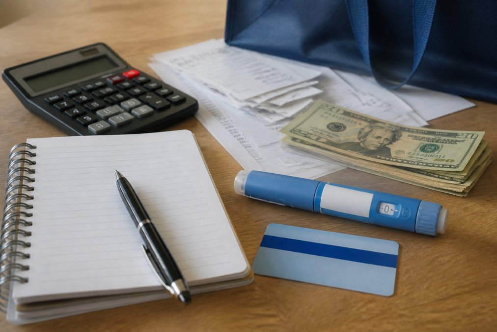 Close-up of a prescription medication pen injector resting on a wooden surface beside a health insurance card and a small notebook with handwritten notes