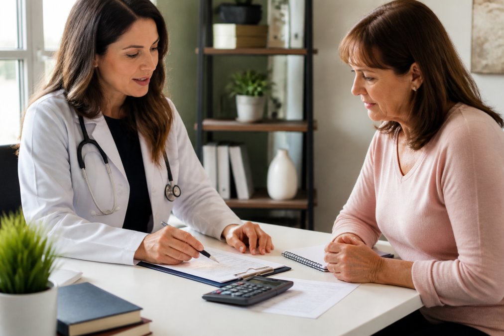 A female physician in a white coat reviewing a treatment plan with a middle-aged female patient in a bright, modern medical office, natural window lighting