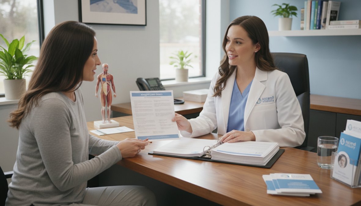 Healthcare provider consulting with patient in modern clinic office, reviewing medical charts and discussing weight loss goals, natural lighting from windows
