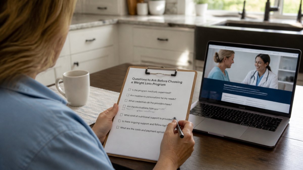 Patient reviewing a printed checklist of questions with a clipboard at a kitchen table, laptop open to a provider website, natural light
