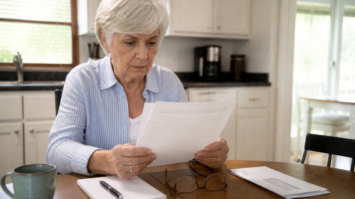 A senior woman sitting at a kitchen table reviewing a Medicare denial letter with reading glasses and a pen nearby, natural window light