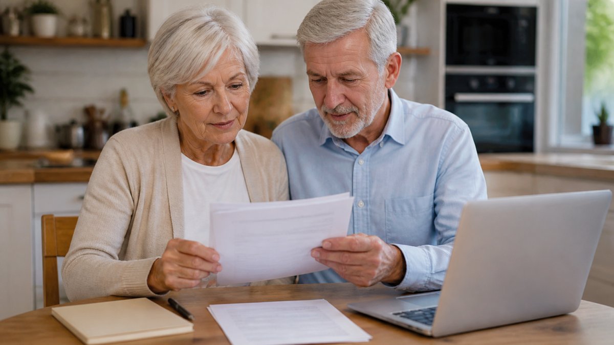 Senior couple reviewing Medicare documents at a kitchen table with a laptop, looking focused and confident