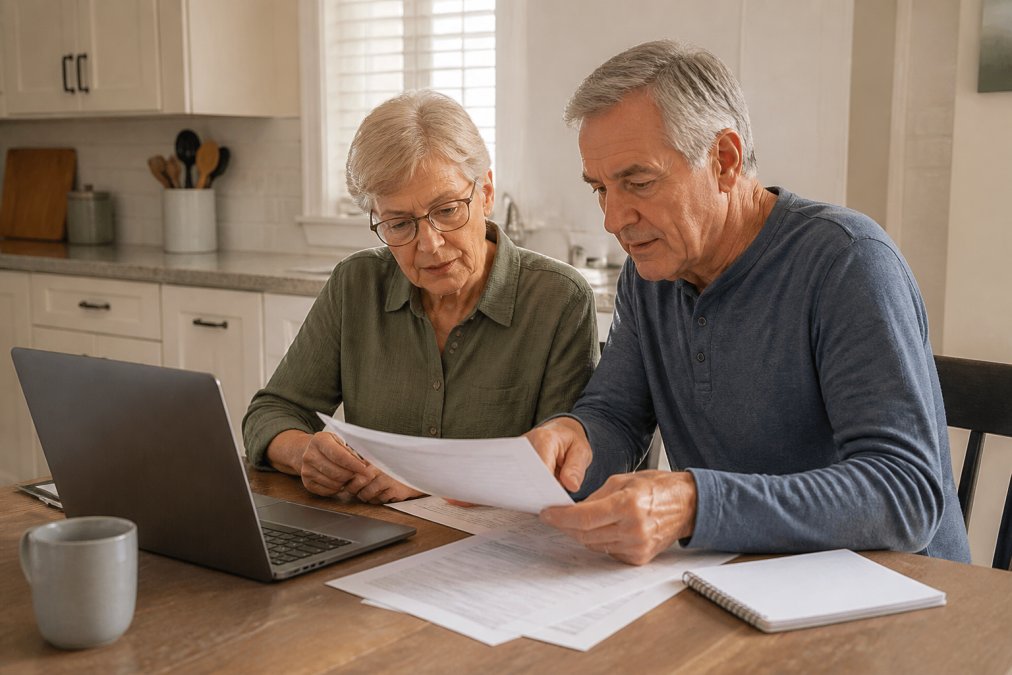 An older couple sitting at a kitchen table with a laptop, printed plan documents, and a notepad, reviewing Medicare Advantage plan options together in warm afternoon light