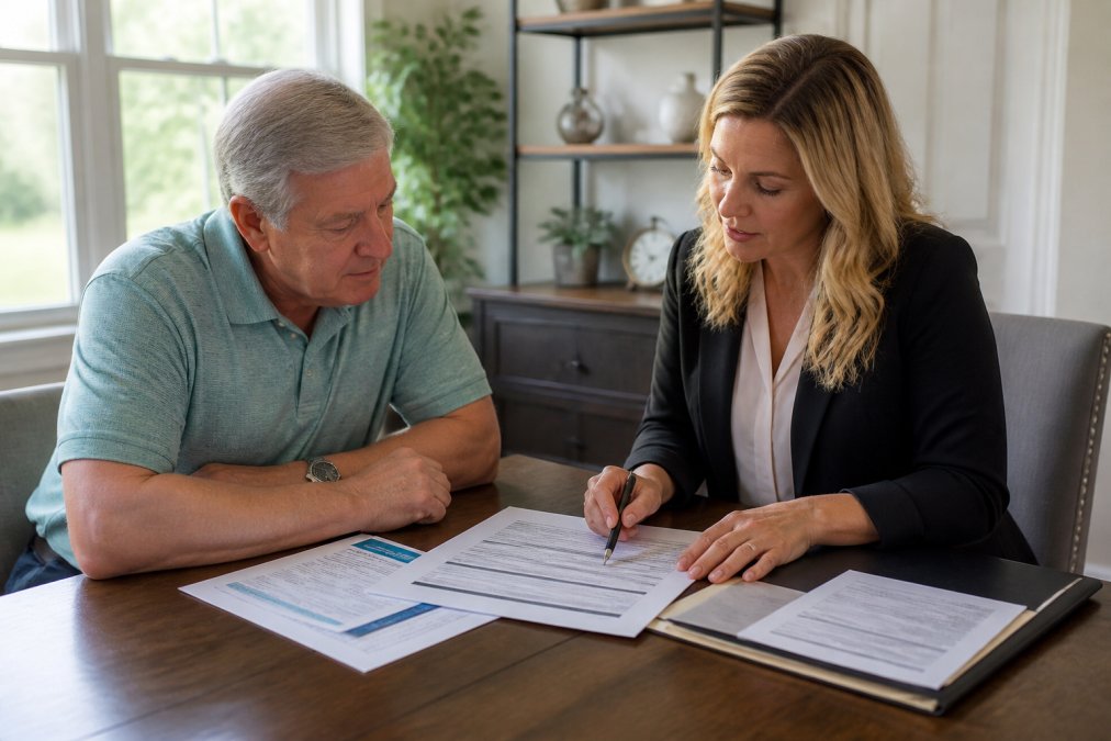Mature adult in casual clothing sitting at a wooden table with an independent insurance advisor reviewing Medicare Advantage plan comparison documents, benefit summaries, and prescription drug formularies together in a bright, neutral office setting with natural window lighting