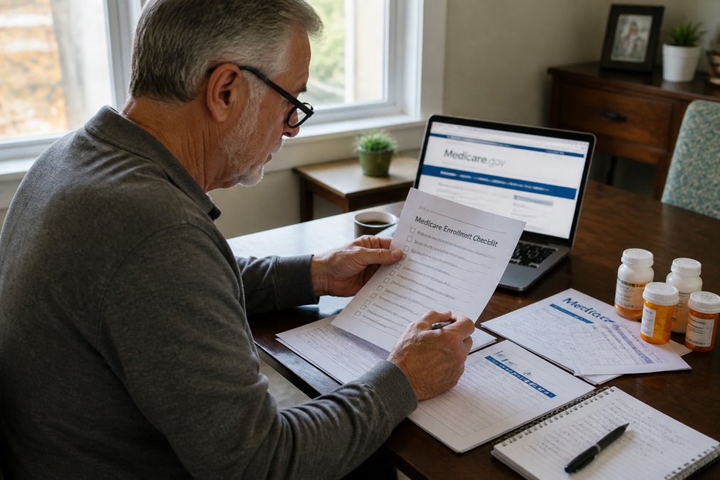 Organized senior wearing reading glasses holding a Medicare enrollment checklist and pen at a home desk, with insurance documents spread out, prescription medication bottles visible, and a laptop showing Medicare.gov in the background, natural afternoon lighting from nearby window