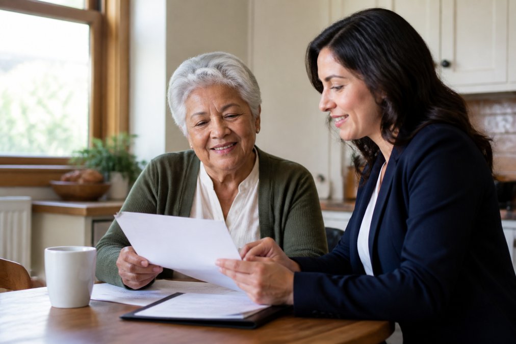 A smiling senior woman sitting at a kitchen table reviewing Medicare paperwork with a friendly advisor, warm natural lighting streaming through a window, relaxed and reassured expression