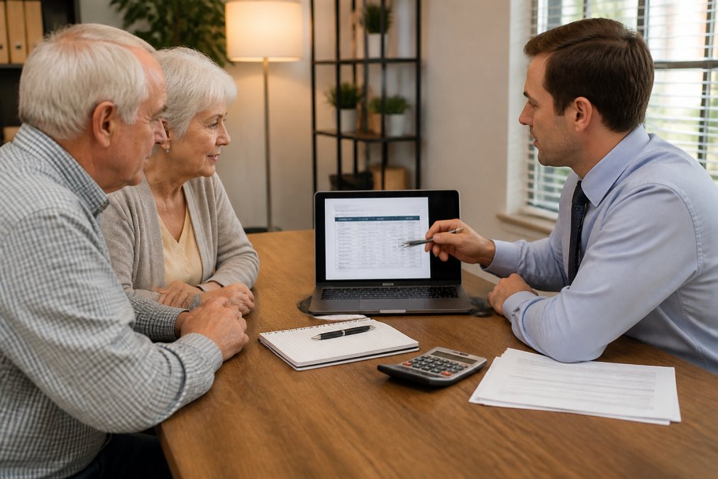 An older couple seated across from a professional advisor at a desk, the advisor pointing to plan documents on a laptop screen, warm office lighting, approachable and calm setting
