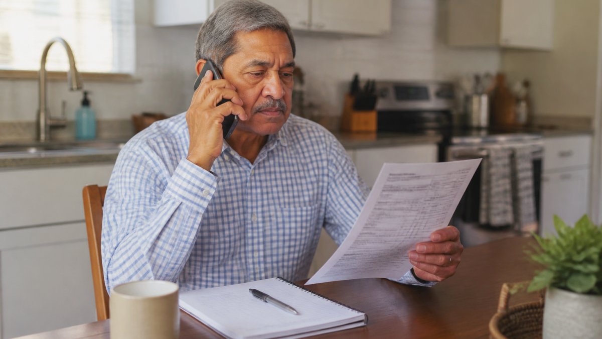 An older adult sitting at a kitchen table with a phone in one hand and a Medicare plan document in the other, taking notes on a notepad, warm natural light