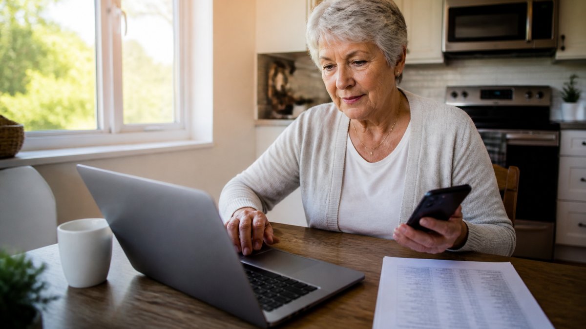 A senior woman at a kitchen table with a laptop open to a provider directory, a printed list of doctors beside her, phone in hand, warm morning light through the window