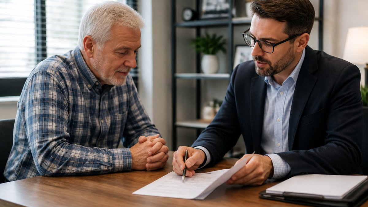 Senior adult reviewing Medicare Advantage Part C plan documents with a healthcare advisor in a bright office.