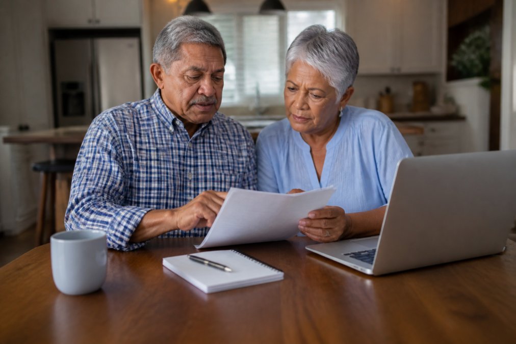 Senior couple sitting at a table reviewing Medicare documents and comparing plan options on a laptop with a notepad and pen nearby
