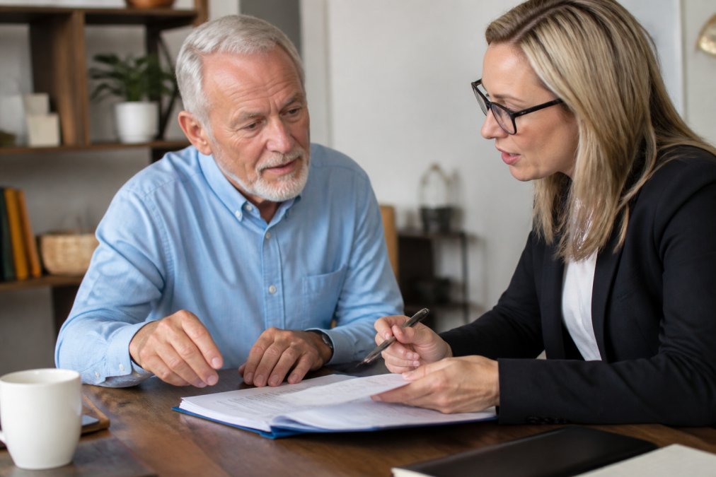 Older adult speaking with a healthcare advisor in an office setting, discussing Medicare enrollment paperwork and plan options