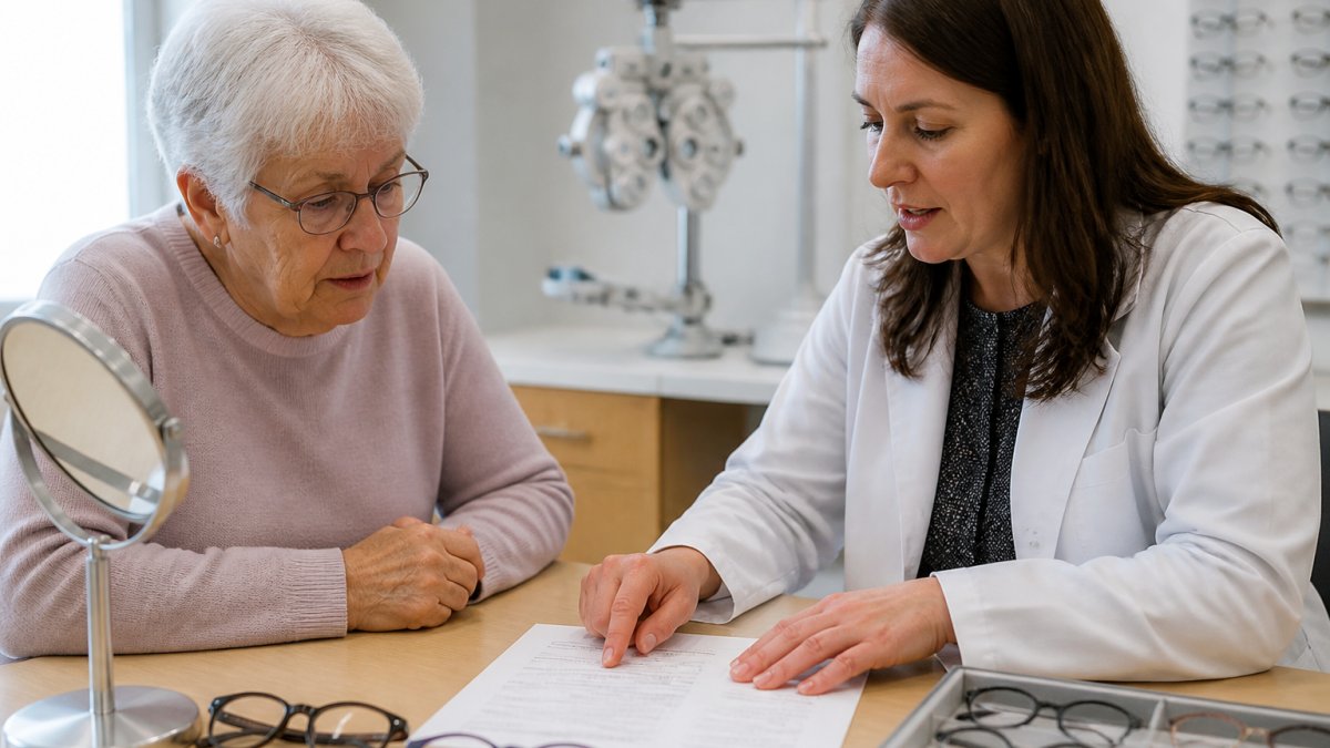 Senior patient consulting with an optometrist in a bright clinical setting, reviewing eyeglass frames and insurance paperwork on a desk