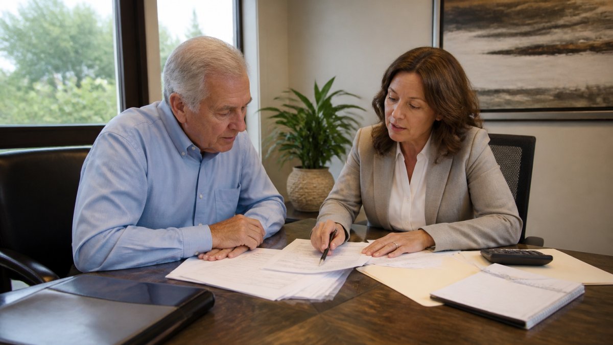 Senior reviewing Medicare Advantage vs Medigap plan documents with an insurance advisor in a bright office