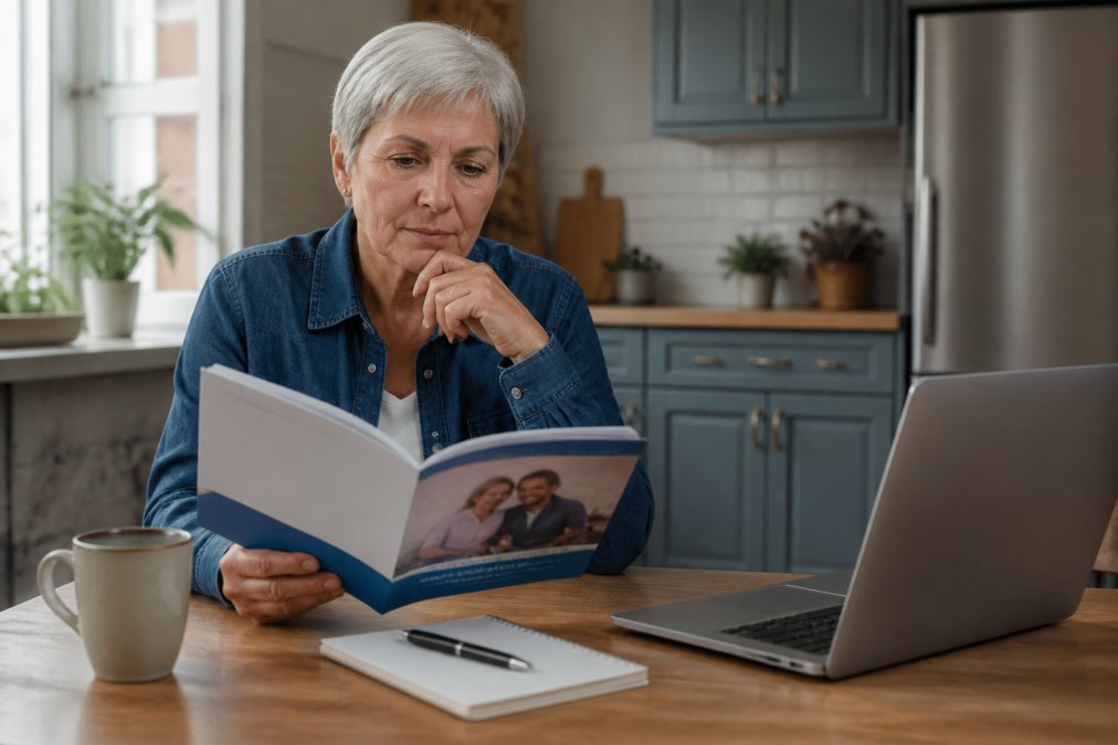 An older adult sitting at a kitchen table with a Medicare handbook and a laptop, reviewing plan options with a pen and notepad nearby