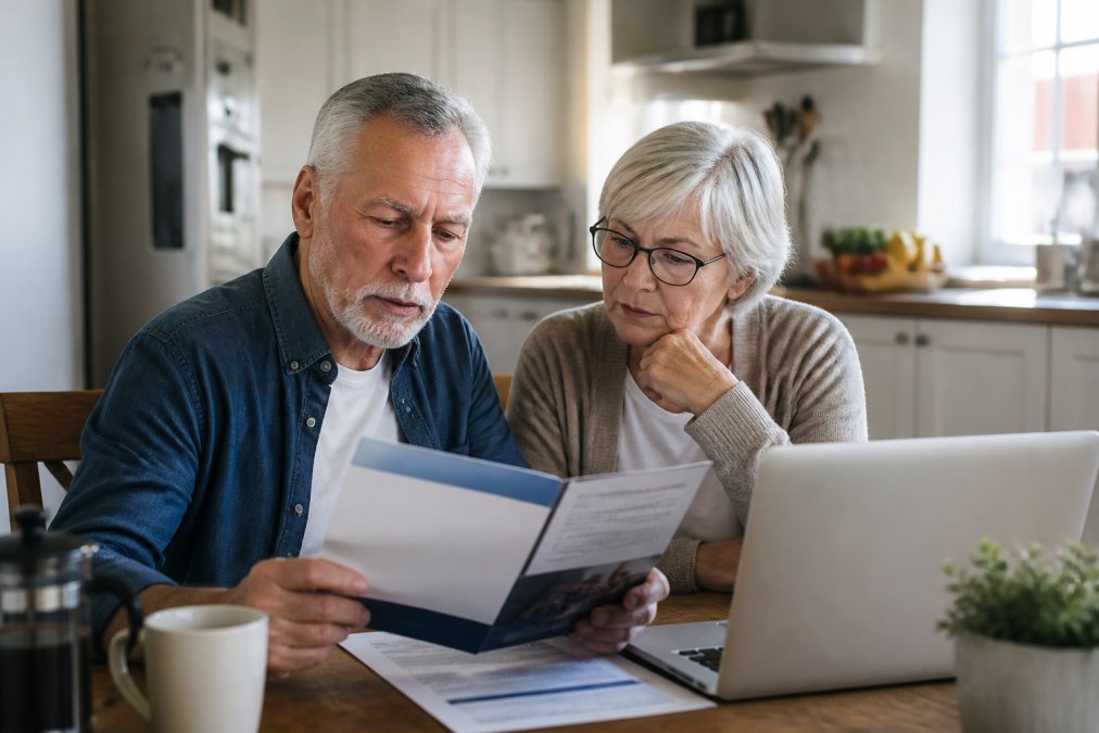 A senior man and woman sitting at a kitchen table with a Medicare booklet and laptop open, reviewing plan documents together in a warm, well-lit home setting