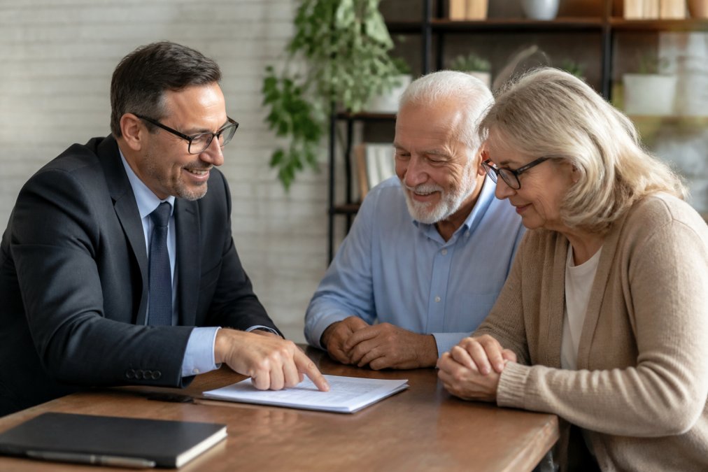 A friendly male insurance advisor sitting across from an older couple at a desk, pointing to paperwork and smiling in a professional but relaxed office environment