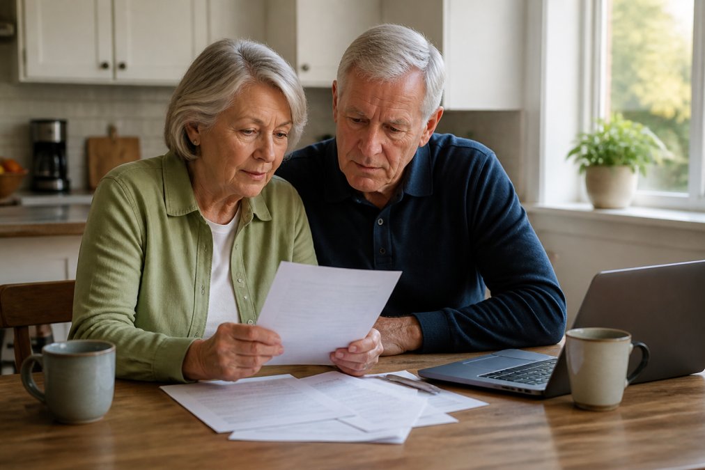 A senior couple reviewing health insurance documents together at their kitchen table, laptop open showing a plan comparison website, coffee mugs nearby, warm morning light through the window
