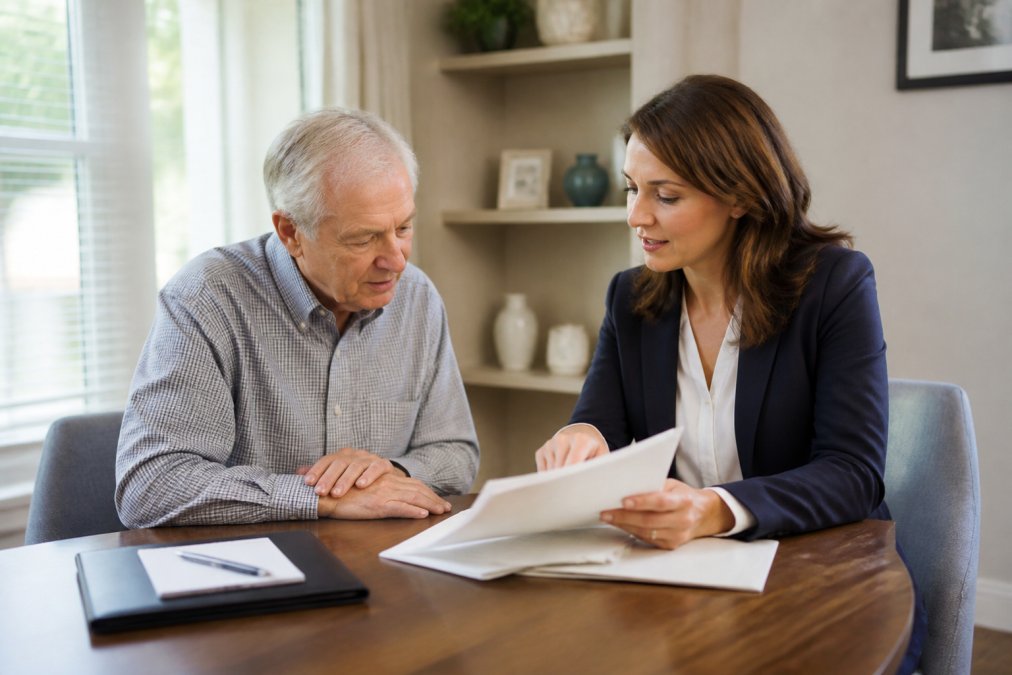 Senior adult reviewing Medicare Advantage vs supplemental plans with a healthcare advisor in a bright office