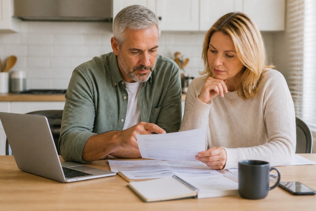 Middle-aged couple sitting at a kitchen table reviewing insurance documents and statements together, with a laptop and notepad visible, looking thoughtful and engaged