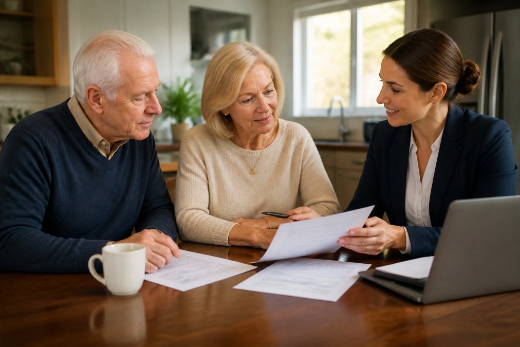 A senior couple sitting at a kitchen table with a friendly insurance broker, reviewing Medicare plan documents and a laptop, warm natural light