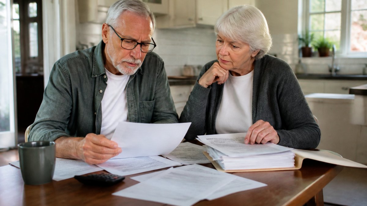 A retired couple in their late 60s sitting at a kitchen table reviewing paperwork and tax documents with a folder of Medicare letters, warm natural light