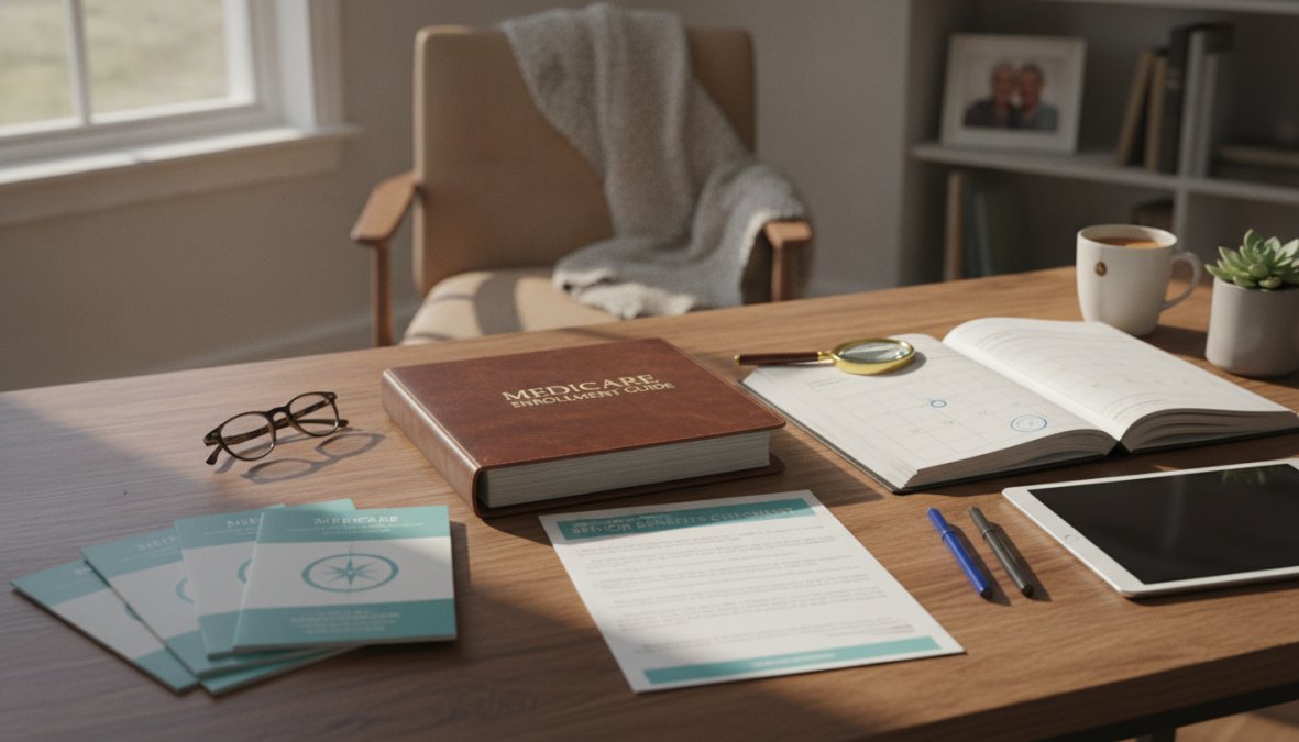 Senior adult speaking with a Medicare counselor or advisor in a professional office setting, reviewing documents and insurance papers together