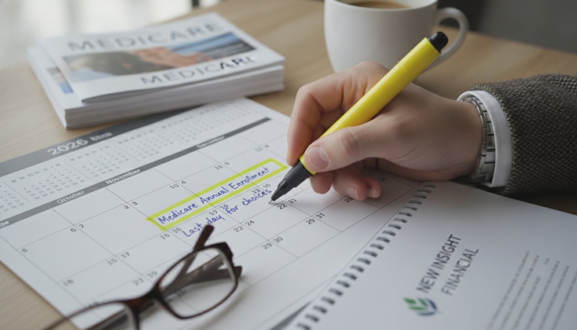 Person marking important dates on a wall calendar with a highlighter, circling Medicare enrollment deadlines in October and December