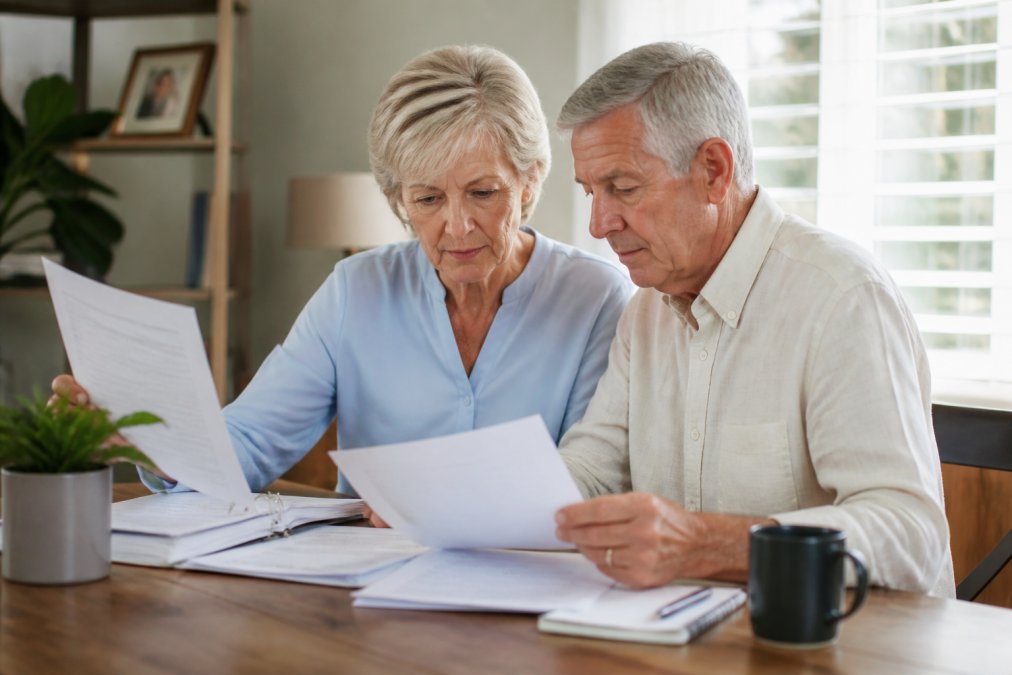 Senior couple sitting at a home office desk reviewing Medicare documents and forms together with a laptop open, natural light streaming through window