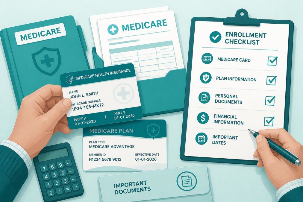 Close-up of hands organizing important documents, insurance cards, and Medicare paperwork on a table with a pen and checklist