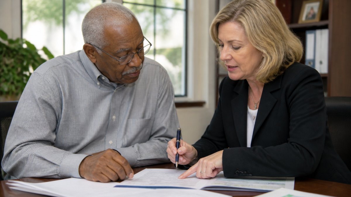 Senior adult reviewing dual eligible Medicare enrollment options with an advisor in a bright office
