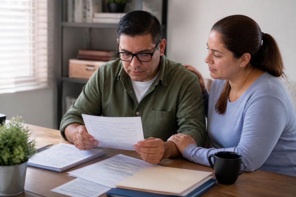 Person with a disability sitting at a desk reviewing Medicare enrollment documents with a supportive family member nearby, with a computer and paperwork visible in natural office lighting