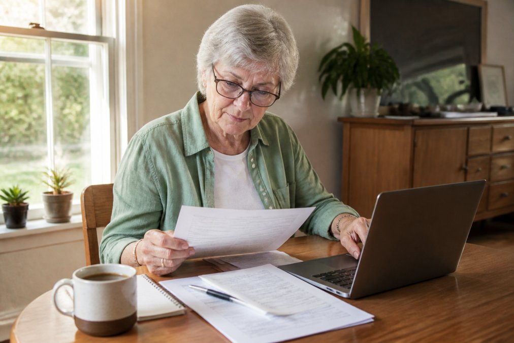 Senior adult at home on a computer, reviewing Medicare enrollment documents with reading glasses, warm natural lighting from a window nearby