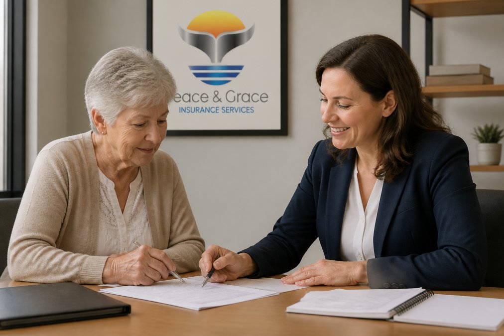 Senior adult working with an insurance counselor at a desk, reviewing Medicare enrollment documents together in a calm, welcoming office setting