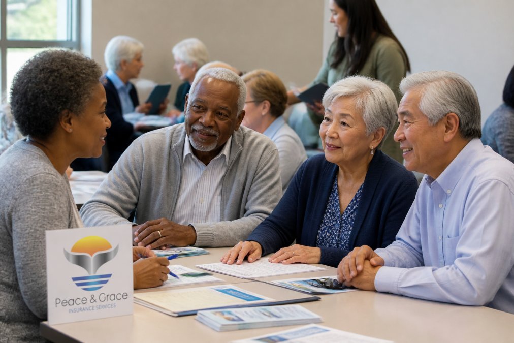 Diverse group of seniors in a community center attending a Medicare education workshop, with materials and counselors available