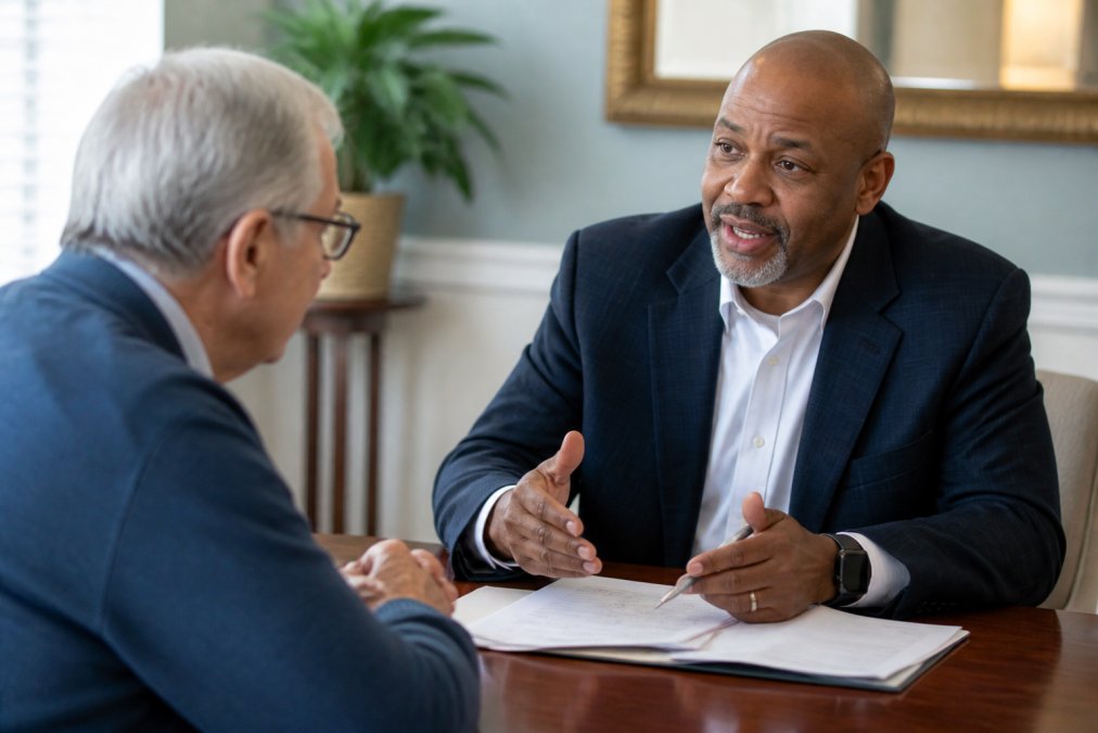 Friendly healthcare advisor in professional attire having a one-on-one consultation with a senior client in a comfortable office setting