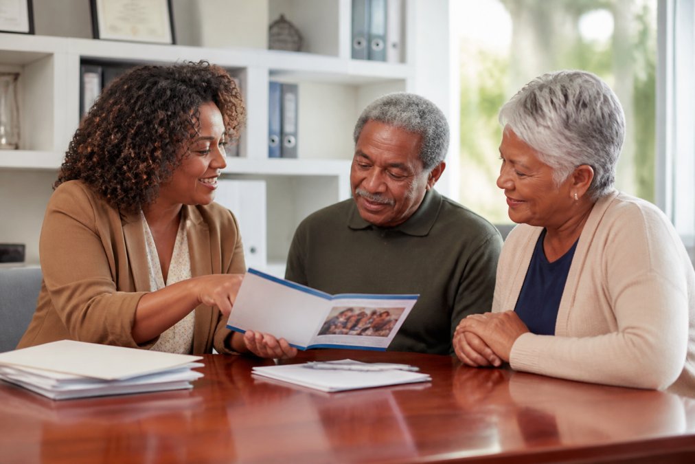 A friendly counselor sitting at a desk with a senior couple, pointing at a Medicare brochure and smiling, bright office setting