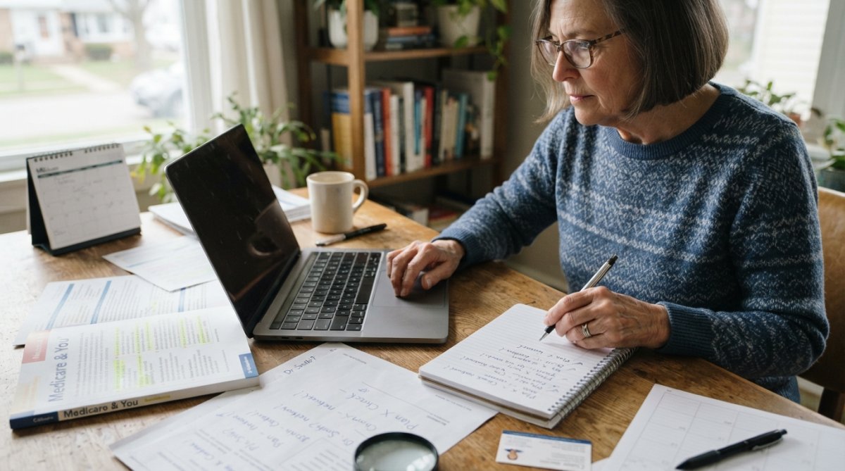Person sitting at a desk with a laptop, reviewing Medicare plan options and provider information on the screen, with documents and notes nearby