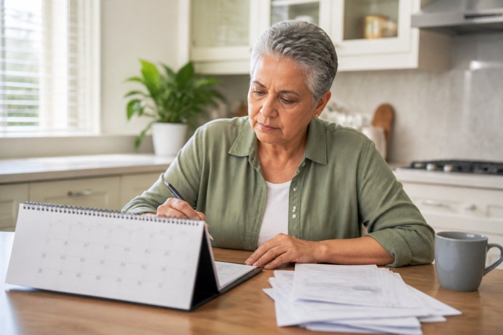 A woman in her early sixties sitting at a kitchen table with a calendar, a stack of Medicare paperwork, and a pen in hand, looking focused as she reviews enrollment dates