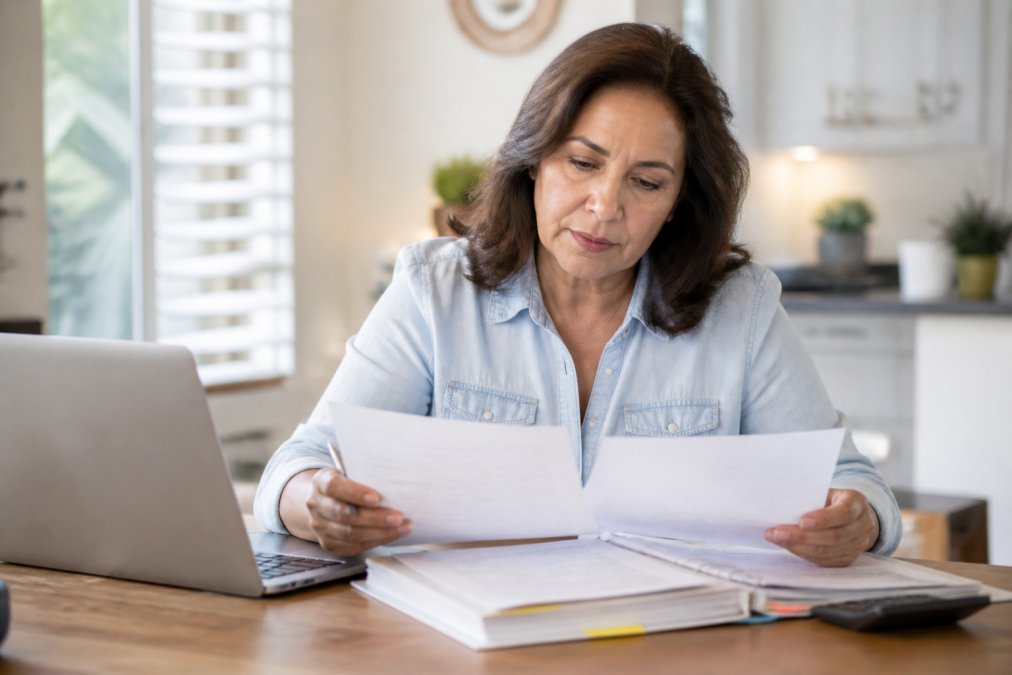 Person focused on reviewing paperwork on a laptop while applying for medicare for people under 65