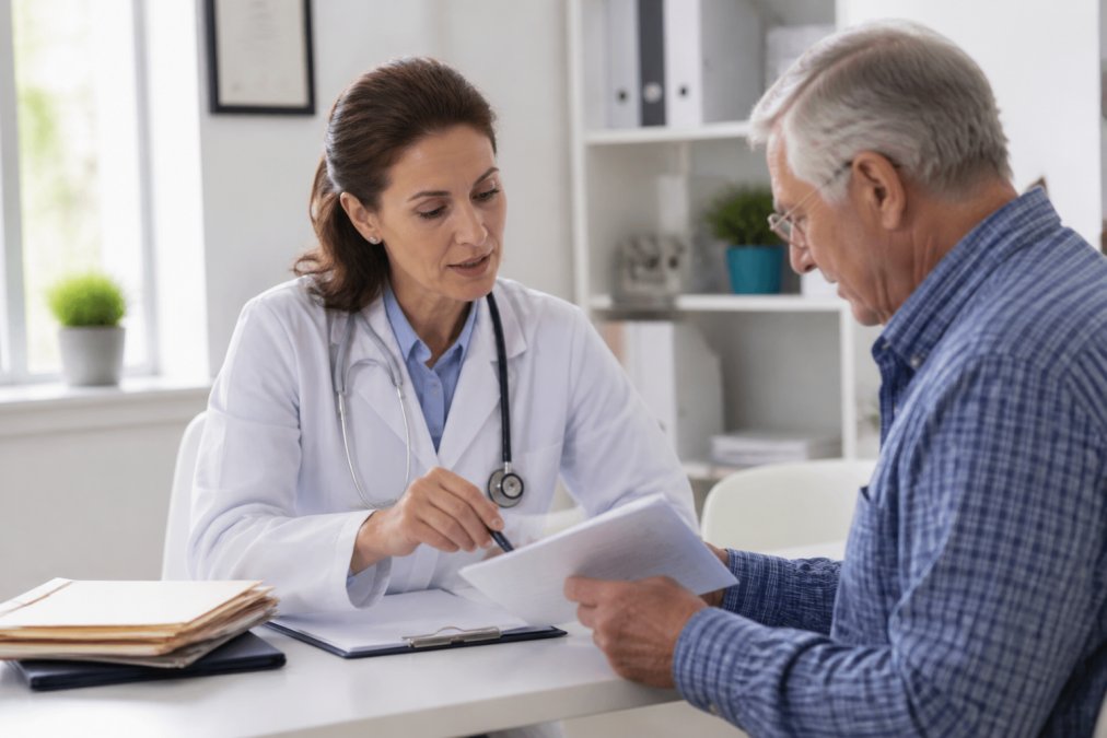 Healthcare provider and patient reviewing medical records and care coordination plan together at desk in modern clinical office with natural lighting